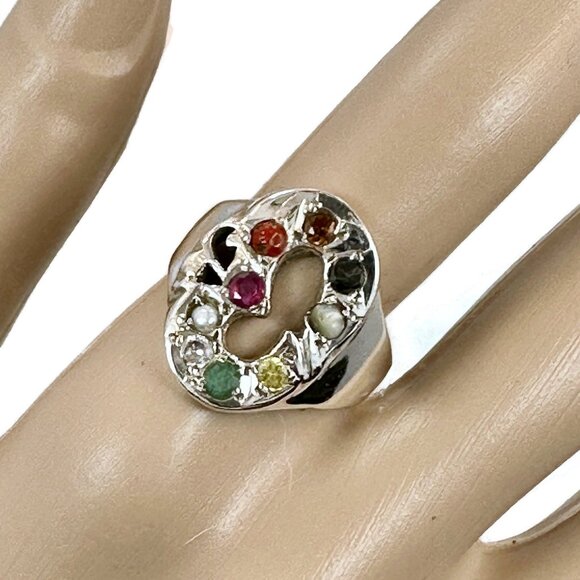 Vintage Navratna Gemstone Ring: Sterling Silver Good Luck Amulet Size 9